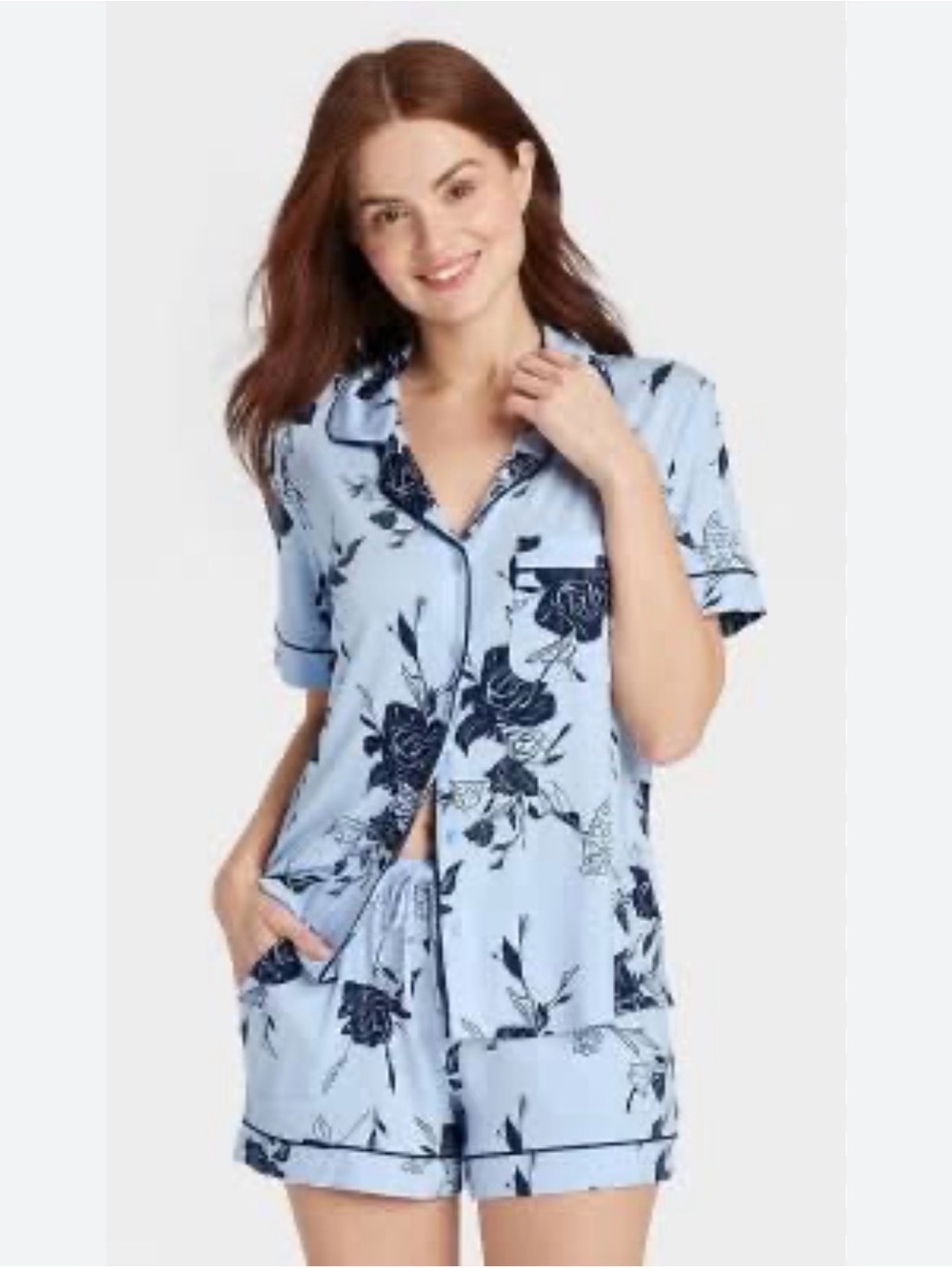 Auden Light Blue Short Pajama Set with Navy Floral Print
